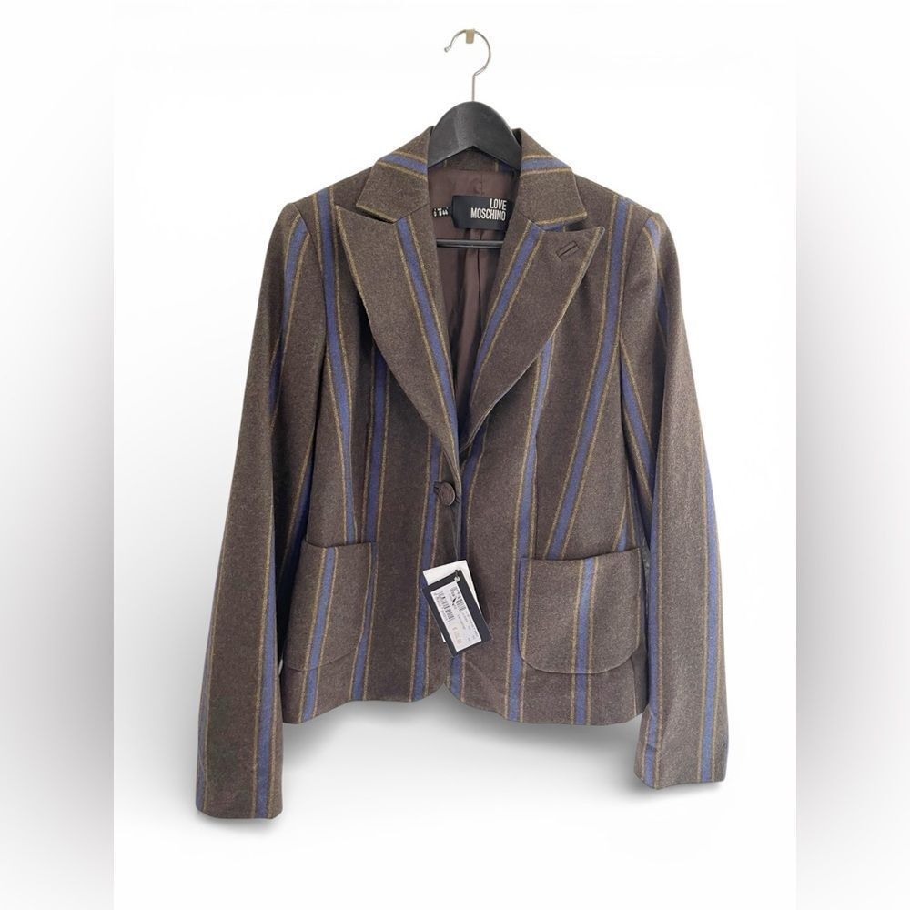 Love Moschino Designer Brown and Blue pin-striped Women's wool Blazer 44/8 NWT